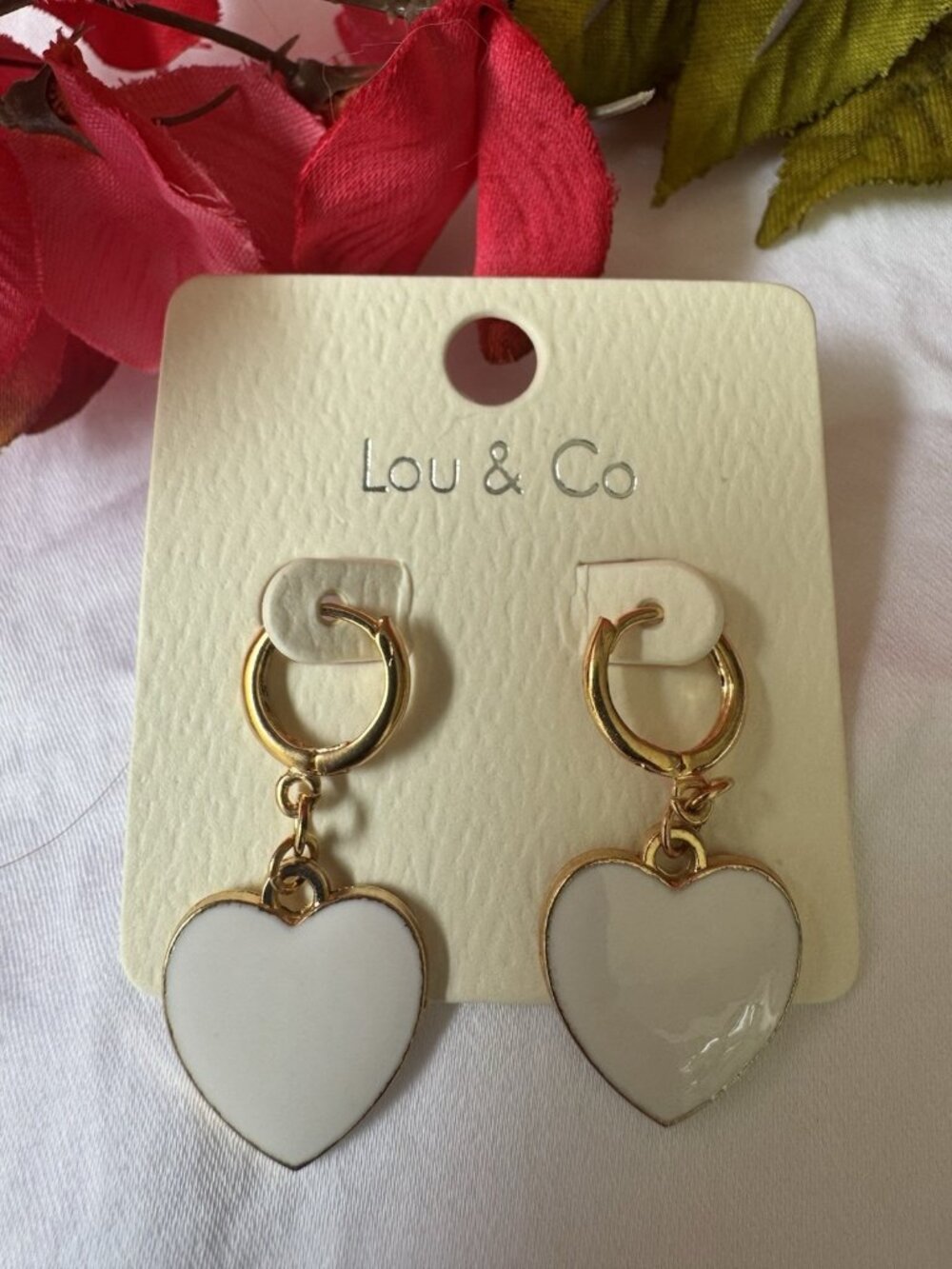 Lou & Co Heart Dangle Earring in Gold-toned Metal White Faint Pink 1.25" NEW